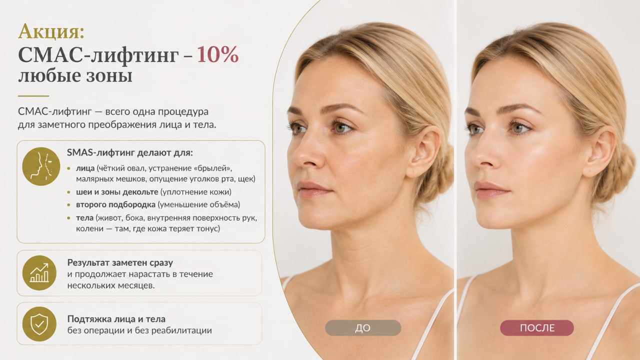 Изображение для акции: СМАС-лифтинг — всего одна процедура для заметного преображения лица и тела.